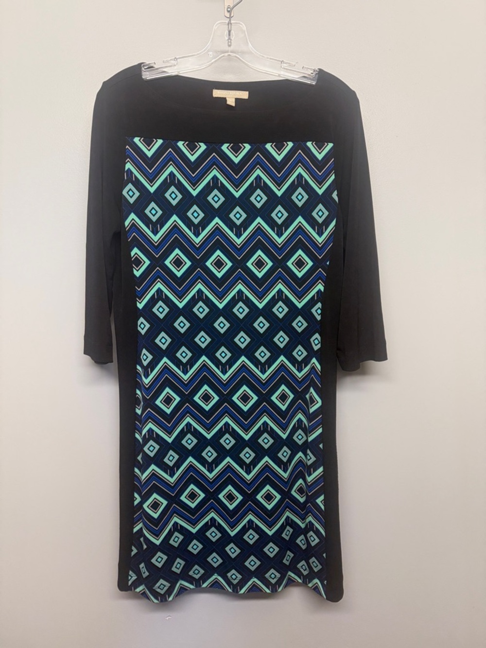 Banana Republic Black Midi Dress with Blue and Green Geometric Print